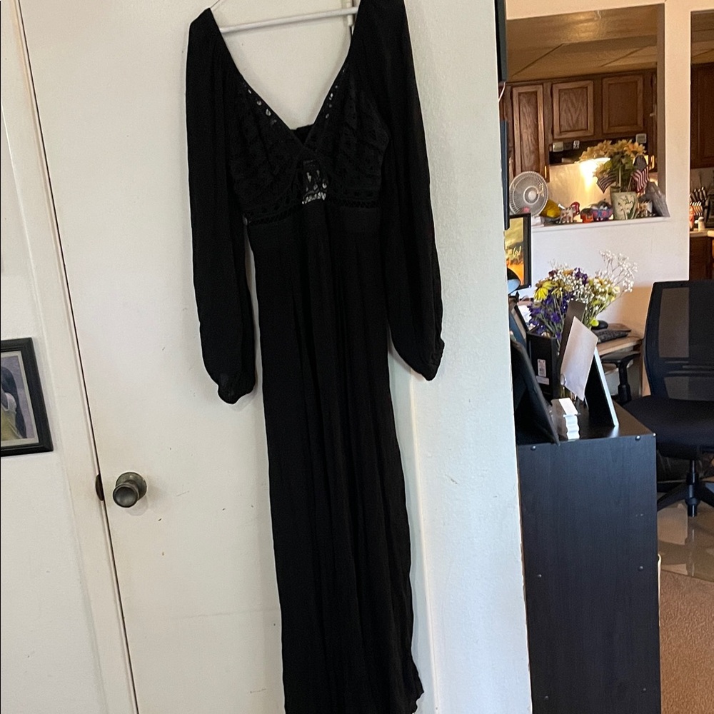 Free People Black Long Sleeve Maxi Dress with Eyelet Front Button Back  Small